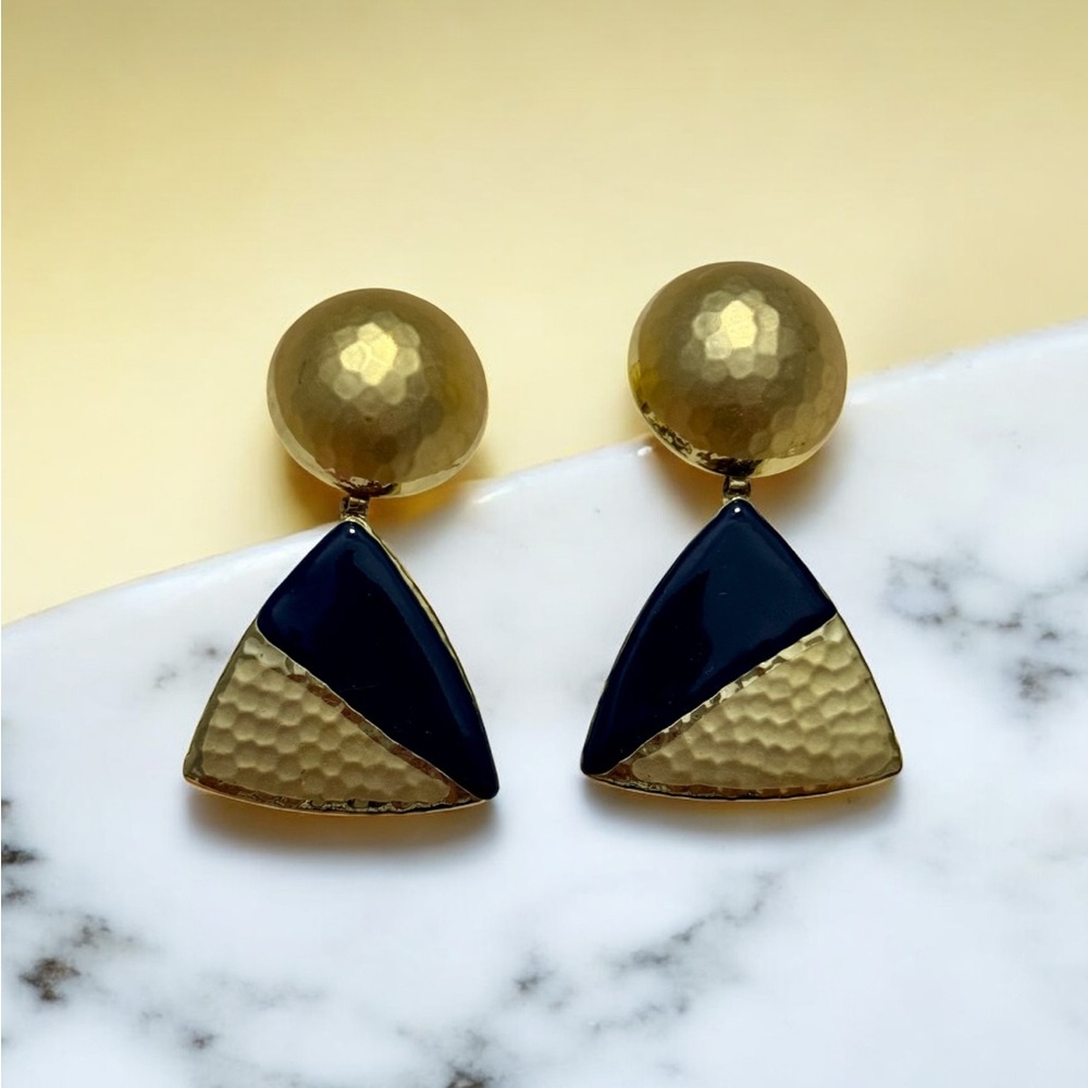 Vintage Donald Richmond’s Gold and Navy Geometric Clip On Earrings